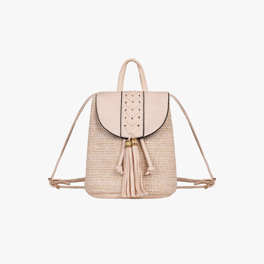 Stroh Rucksack mit Quasten und Kordelverschluss
